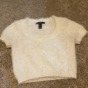 FOREVER 21 fuzzy short sleeve white crop top, size S